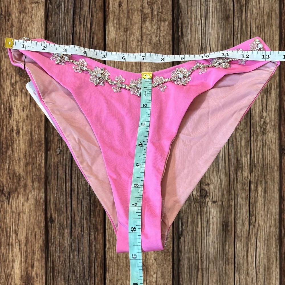 Oceanus Pink Crystal Embellished Bikini Bottoms High Leg Barbiecore Luxury Glam - Picture 2 of 6